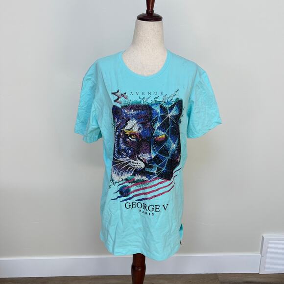 AVENUE GEORGE V Men's Tiger Face Baby Blue T-Shirt Size M - Picture 2 of 10
